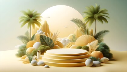 Fototapeta premium Abstract summer yellow stone podium natural 3d background of minimal product stand showcase platform scene or empty cosmetic display stage and blank tropical presentation pedestal on nature backdrop