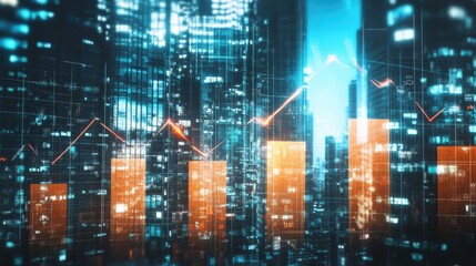 Vibrant city skyline with financial graphs illustrating market trends against a futuristic backdrop