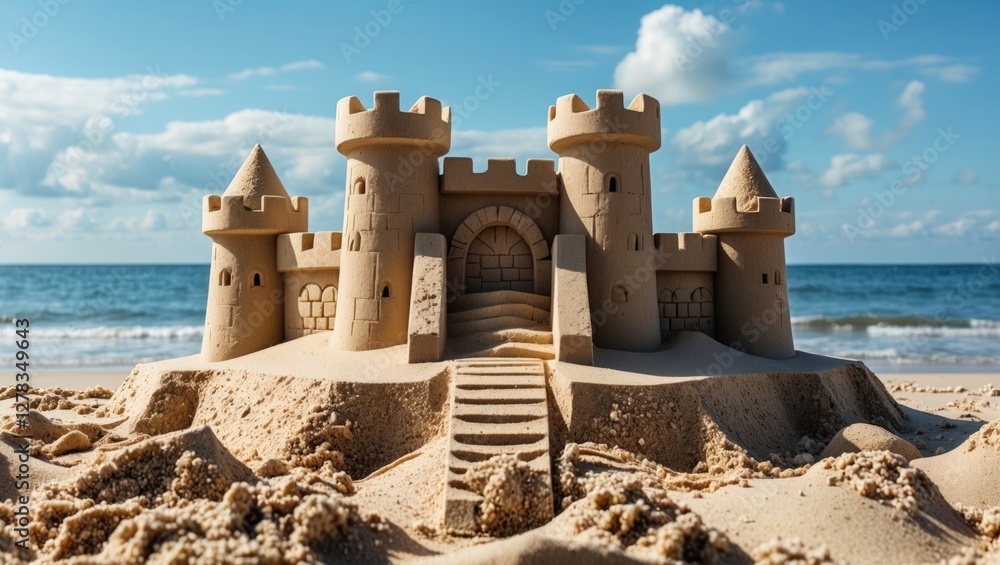 Poster sand castle on beach with ocean view and clear sky ideal for summer theme or vacation background wit
