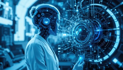 In a high-tech laboratory, a female scientist with a robotic demeanor engages with holographic data, showcasing the fusion of human intellect and machine ingenuity