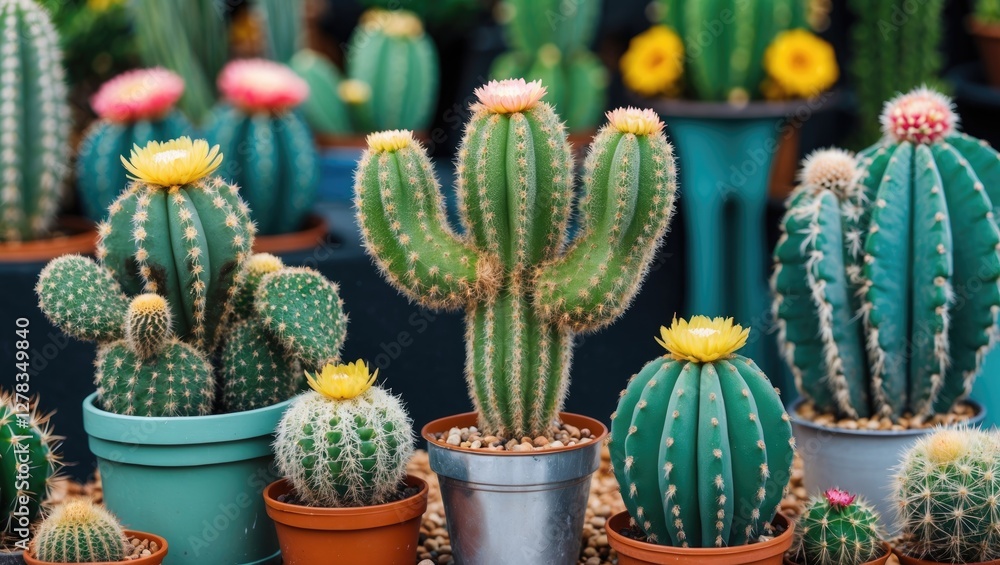Poster vibrant cactus garden display with colorful flowers and empty space for custom text or branding