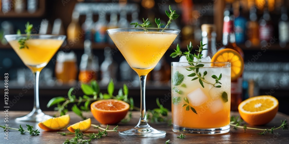 Poster refreshing summer thyme cocktails with citrus garnish and empty space for text in a bar setting