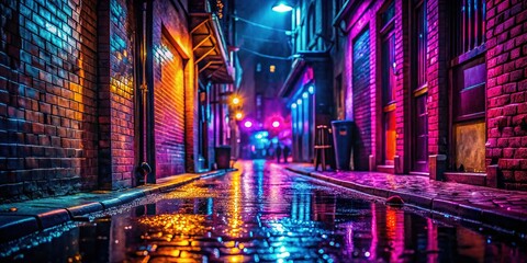 Neon-Drenched Brick Alley: Night Urban Scene Stock Photo