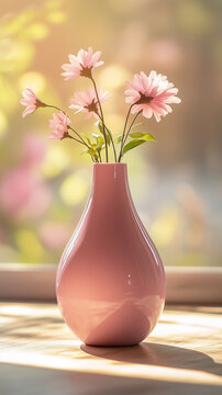 Vase of pink flowers sits on a table