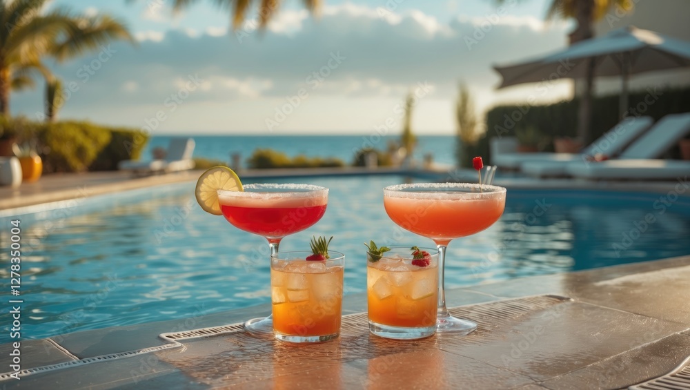 Poster tropical summer cocktails by the poolside with empty space for custom text and scenic ocean view
