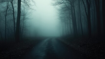 Fototapeta premium Winding road disappears into dense fog, dark shadowy trees. Eerie atmosphere, mystery and intrigue. Feelings of solitude and reflection. Unknown scary misty path through forest in night.