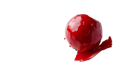 Red apple with water droplets on a transparent background, a single red petal underneath, PNG