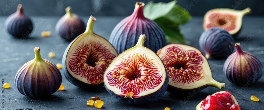 Poster freshly sliced figs with whole figs and copy space for text on dark background