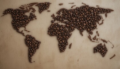 Coffee beans are meticulously arranged to form a world map, symbolizing the universal passion for this beloved beverage across continents and cultures, evoking warmth and connection