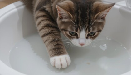 A playful kitten investigates a shallow basin of water, extending its paw to touch the surface, filled with curiosity and wonder in a cozy indoor setting