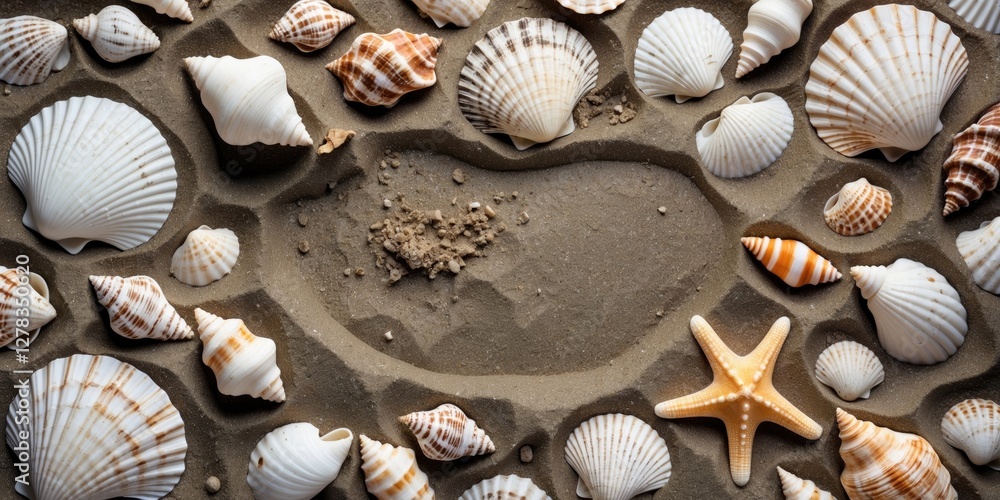 Poster summer beach background with seashells and starfish on sand empty space for text or design elements 
