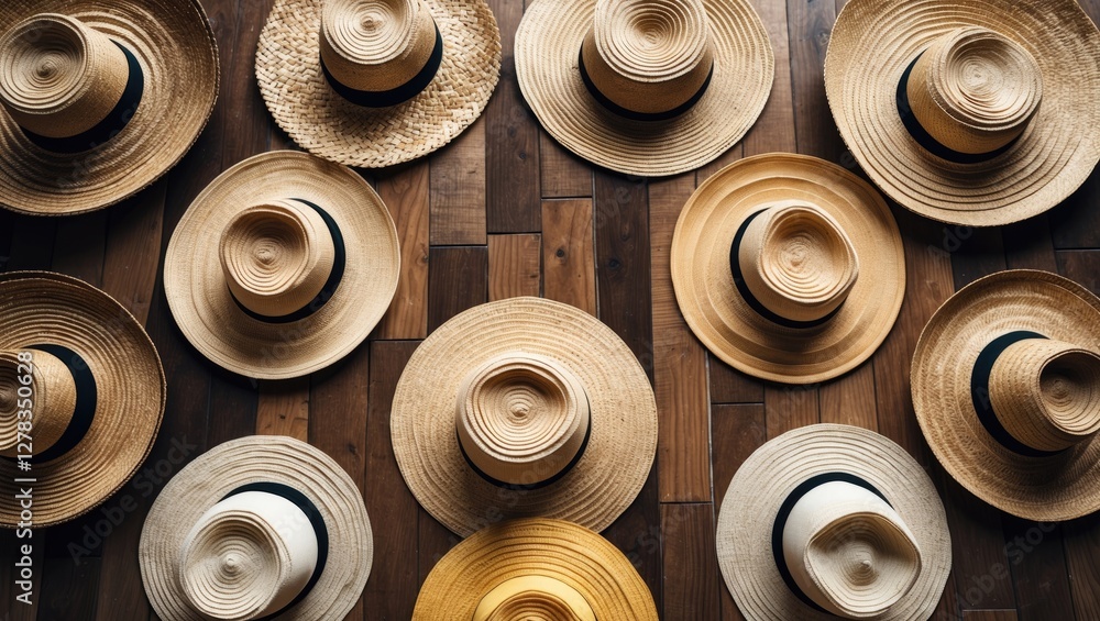 Poster stylish summer straw hats arranged aesthetically on a wooden floor with ample space for text or bran