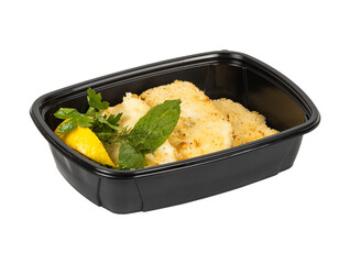 A black plastic food container set against a white background
