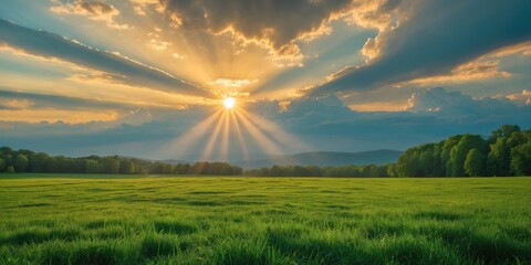 Majestic summer sunset over a lush green meadow with dramatic clouds and sun rays creating a serene landscape perfect for text overlay.