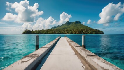 Tropical Island Seascape with Concrete Pier under Blue Sky and Clouds on a Summer Day Ideal for Travel and Honeymoon Themes