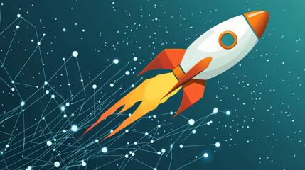 Boost traffic business and social media concept with contemporary character optimize internet connection speed quality launch rocket up in air, progress, growth, Linear cartoon vector illustration