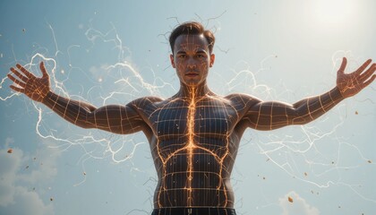 Amidst a vivid blue sky, a man with a muscular build stands with his arms outstretched. Radiant energy streams from his body, creating a mesmerizing visual of strength and vitality