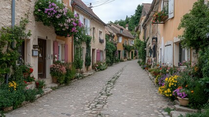 Fototapeta premium Charming Cobblestone Street with Colorful Flower Lined Houses