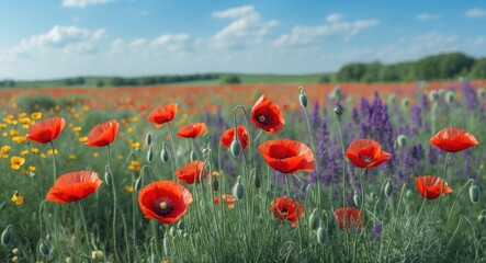 Vibrant Summer Meadow Featuring Red Poppies Amidst Colorful Wildflowers Under Blue Sky With Ample Copy Space For Textual Content