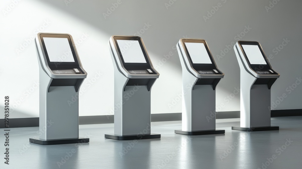 Poster modern self-service kiosks lined up in a bright, minimalistic space with soft shadows
