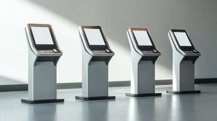 Modern self-service kiosks lined up in a bright, minimalistic space with soft shadows
