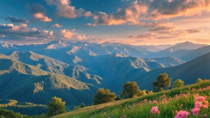 Majestic Summer Mountain Landscape with Scenic Valleys and Colorful Wildflowers Under a Dramatic Sky at Sunset