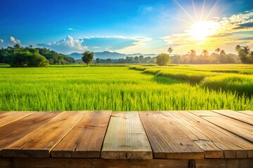Rustic Wooden Table Overlooking Rice Paddy Field Under Blue Sky - Copy Space