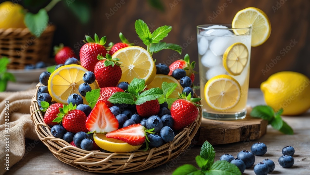 Poster vibrant summer fruits and lemonade refreshment displayed with mint leaves and empty space for text p