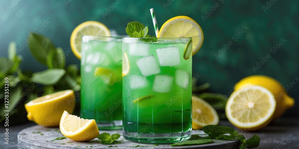 Poster refreshing green cocktail with lemon slices and mint on a stone surface with empty space for text an