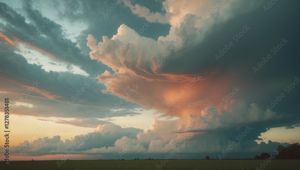 Poster dramatic sunset with storm clouds over fields providing space for text and design elements