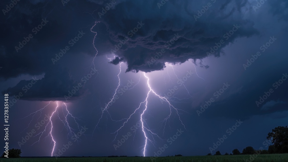 Poster dramatic nighttime thunderstorm with multiple lightning strikes illuminating dark skies and clouds