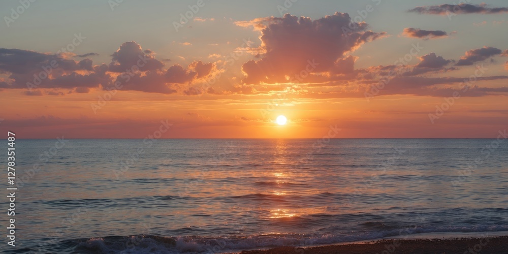 Aufkleber tranquil summer sunset over calm waves with expansive sky and empty space for text integration