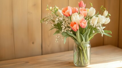 Fresh White and Peach Tulips in Clear Vase on Wooden Table with Soft Lighting
