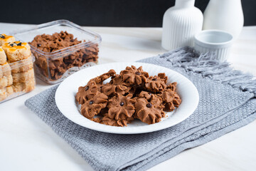 Chocolate topping cookies. Cookies with chocolate chip topping. Eid cookies. Suitable for recipes, articles, catalogs, or other commercial purposes. Eid cookies