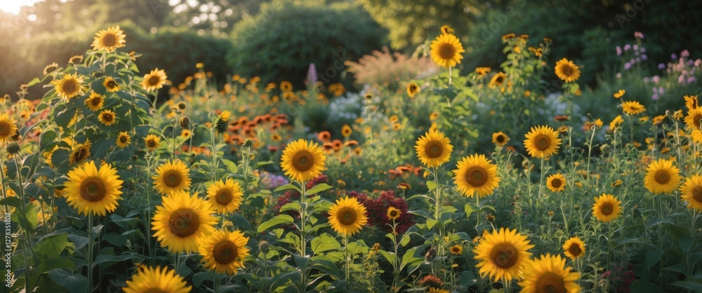 Poster vibrant sunflower garden scene with lush greenery and ample empty space for custom text overlay in a
