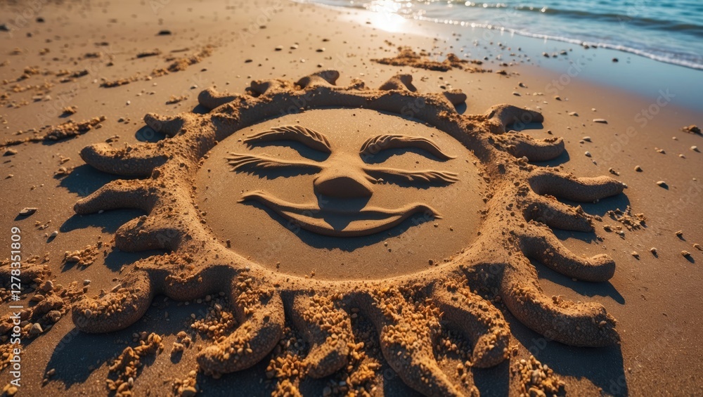 Poster sand art of a smiling sun on beach with empty space for text on a sunny day
