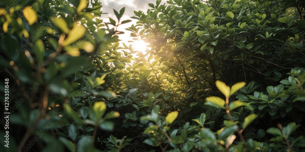 Poster sunlit bushes with soft focus ideal for background text and message placement in nature inspired des