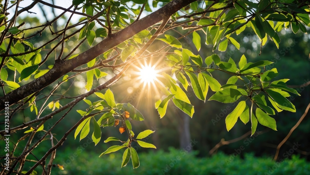Poster sunlight filtering through green leaves and twigs against a lush nature background in a tranquil for