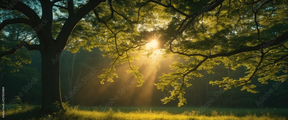 Poster sunlight filtering through tree branches creating a serene atmosphere in a lush forest environment