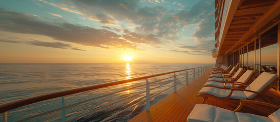 Fototapeta premium Sunset view from a cruise ship balcony with empty chairs.