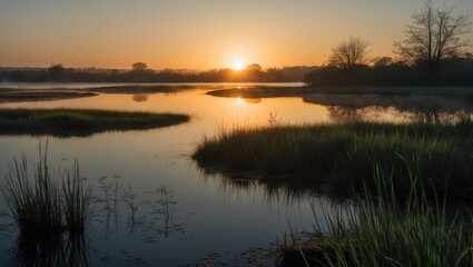 Tranquil Sunrise Over Still Pond Surrounded By Lush Grass And Trees With Empty Space For Text Or Message Placement
