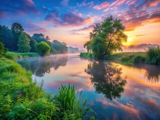 Obraz premium Serene Riverbank Dawn: Soft Light, Calm Waters, Peaceful Morning