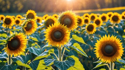 Fototapeta premium Vibrant Sunflower Field Bathed in Golden Sunlight with Lush Green Leaves and Beautiful Blossom Highlights on a Warm Afternoon