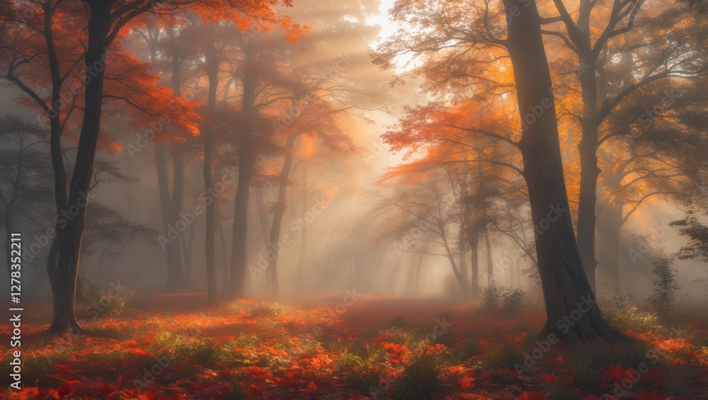 Poster misty autumn forest with sunlight filtering through colorful foliage creating a serene atmosphere
