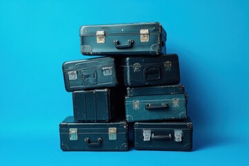 Obraz premium Stack of vintage suitcases against a blue background