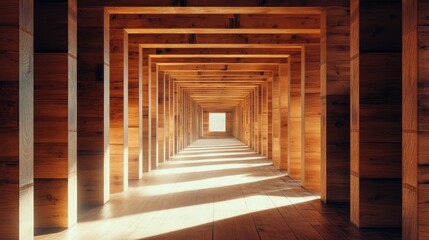 Sunlit wooden corridor, receding perspective.