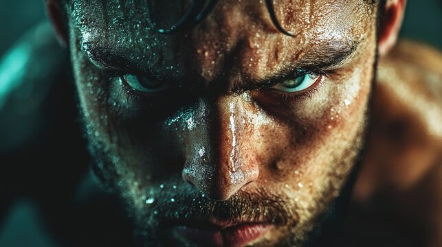 Close-up of a sweaty face with intense focus during a kettlebell lift.