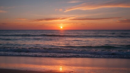 Tranquil Sunset Over a Serene Beach with Waves Gently Lapping on the Shore and Colors Reflecting on the Calm Ocean Surface.