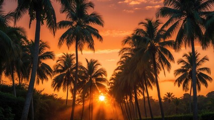Obraz premium Serene Sunset Illuminating Palm Trees in Tropical Landscape