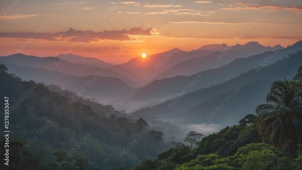 Poster serene sunset over mountain range with lush rainforest in foreground and soft haze creating tranquil